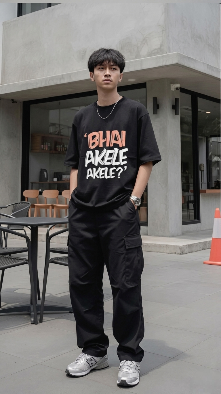 ‘Bhai Akele Akele?’ Funny Hindi Slang Oversized Graphic T-Shirt